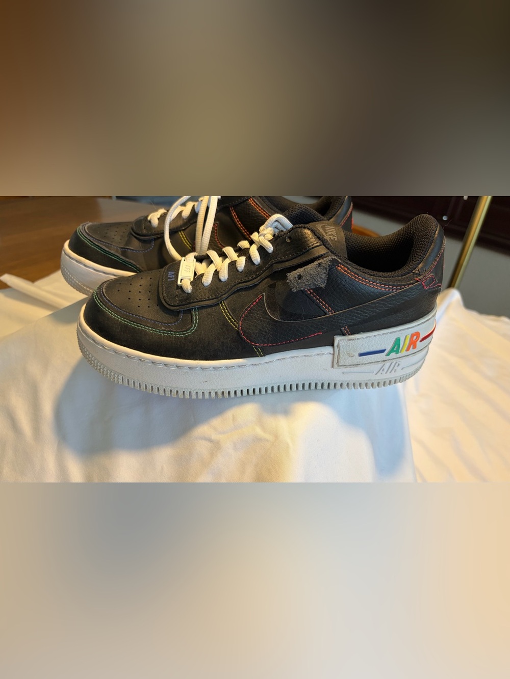 Nike Air Force 1 Black Leather Low-Top Platform Sneakers with Rainbow Stitching